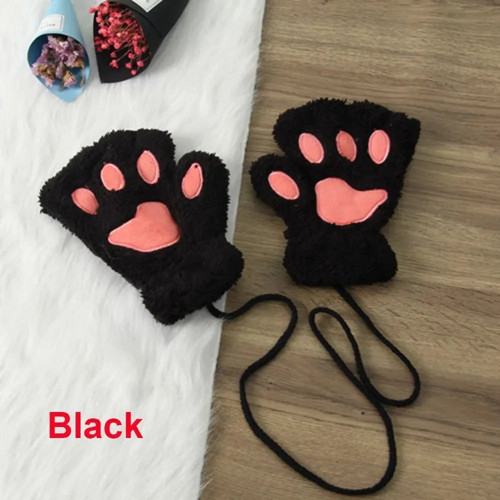 Bear Paw Plush Half Finger Gloves