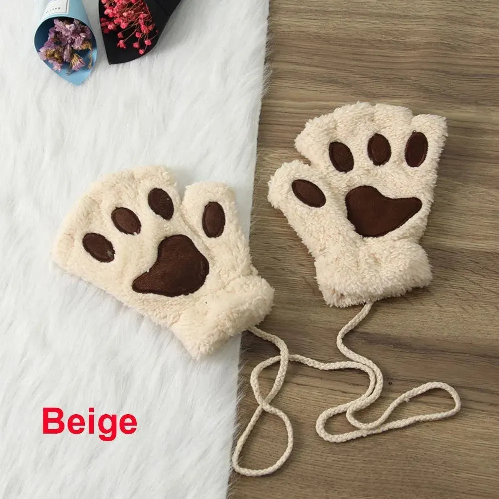 Bear Paw Plush Half Finger Gloves