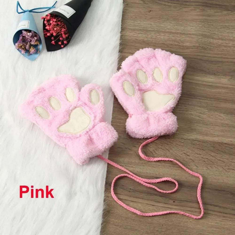 Bear Paw Plush Half Finger Gloves